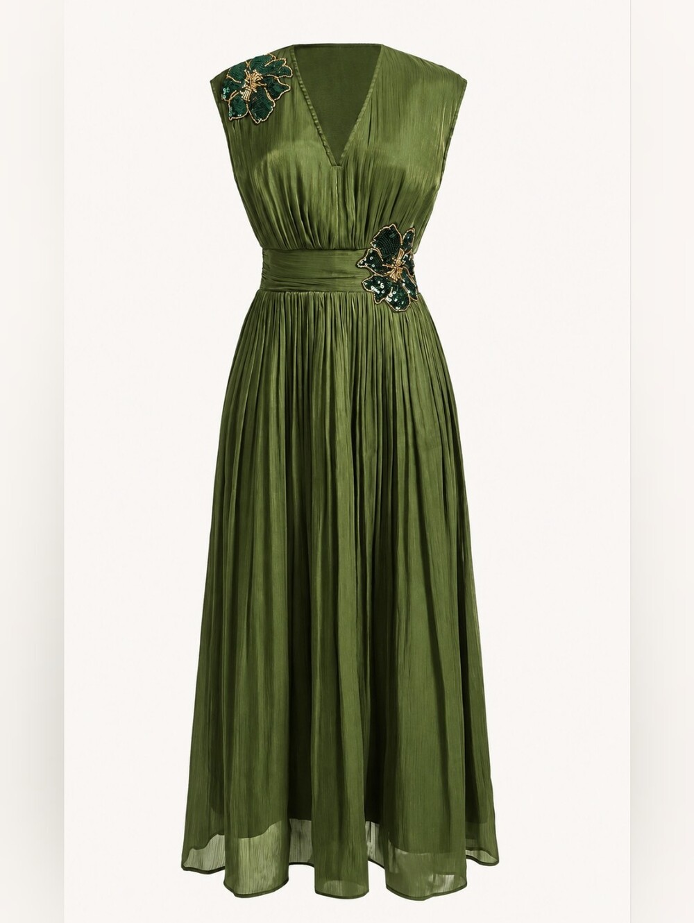 New Metallic Sequin Beaded 3D Flower Maxi Dress Ruched Waist Olive Green - Picture 8 of 15